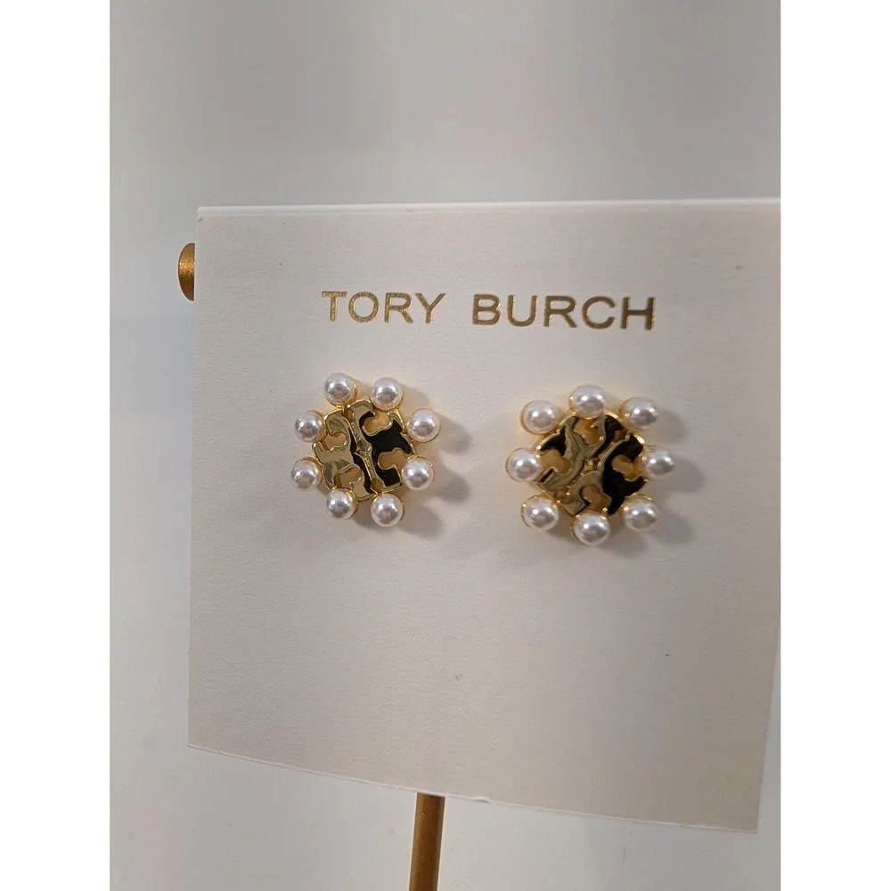 Tory Burch Kira Pearl Logo Stud Earrings Gold Tone‎ White Faux Pearl - NEW